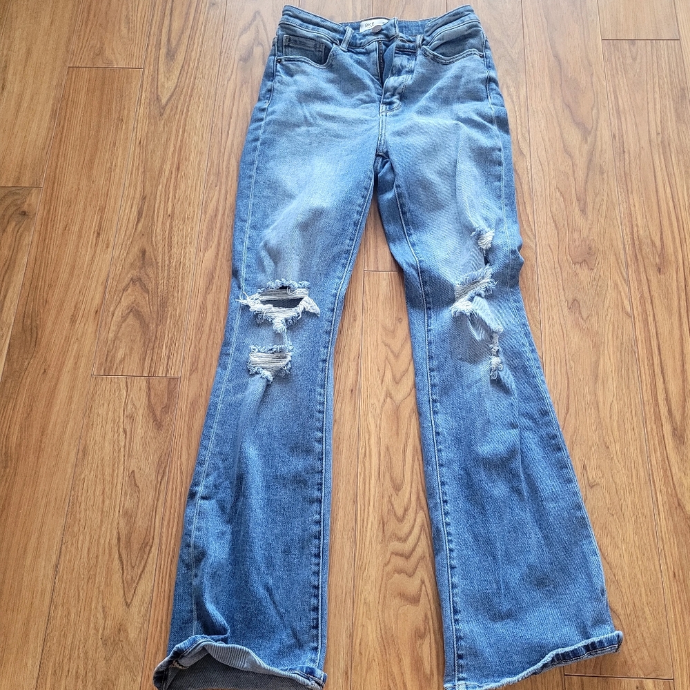 BKE Women's Light Blue Distressed Flare Jeans